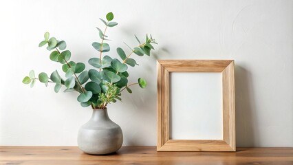Simple wooden frame mockup next to a vase of eucalyptus branches on a wooden surface