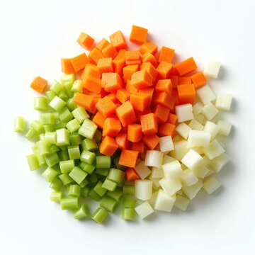 Fresh diced vegetables carrot, celery, onion. Ingredients neatly arranged on white background. Colorful components for mirepoix base. Culinary preparation, healthy eating, vegetarian cooking. Fresh
