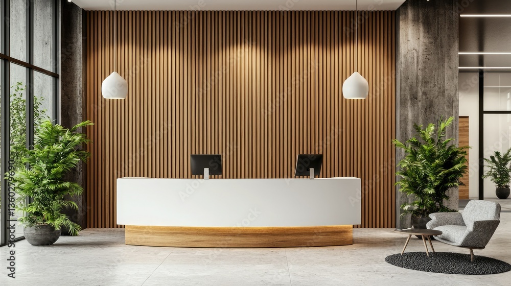 Poster a modern corporate reception with a blend of wooden textures and white elements, creating a sophisti