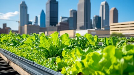 Fototapeta premium Urban rooftop garden showcasing vibrant lettuce with city skyline in background