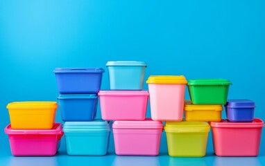 Colorful Storage Containers Stacked on Blue Surface