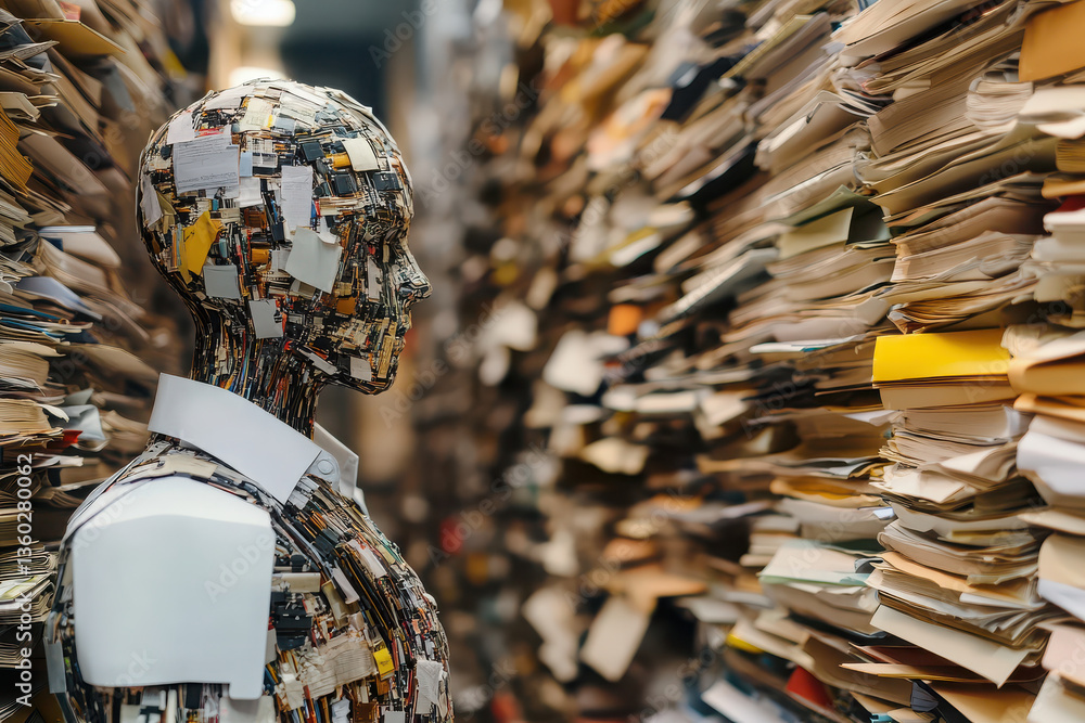 Aufkleber conceptual image of a figure made of paper standing in a corridor of stacked documents