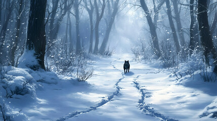 A solitary wolf prowls through the snow-covered forest, its tracks leaving a trail in the fresh snow, symbolizing the strength and independence of the wild