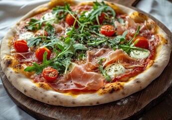 Freshly Baked Pizza Topped with Cherry Tomatoes, Arugula, Prosciutto, and Mozzarella Cheese on Wooden Board Ready for Serving