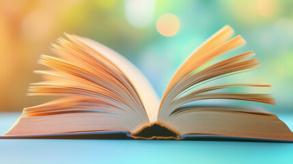 Fototapeta premium Open book with fanned out pages against dreamy blurred background - symbol of knowledge, learning and imagination.