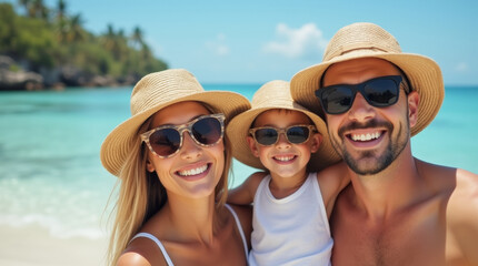 Happy family in sunglasses and hats on tropical beach with blue sea in background, vacation, travel