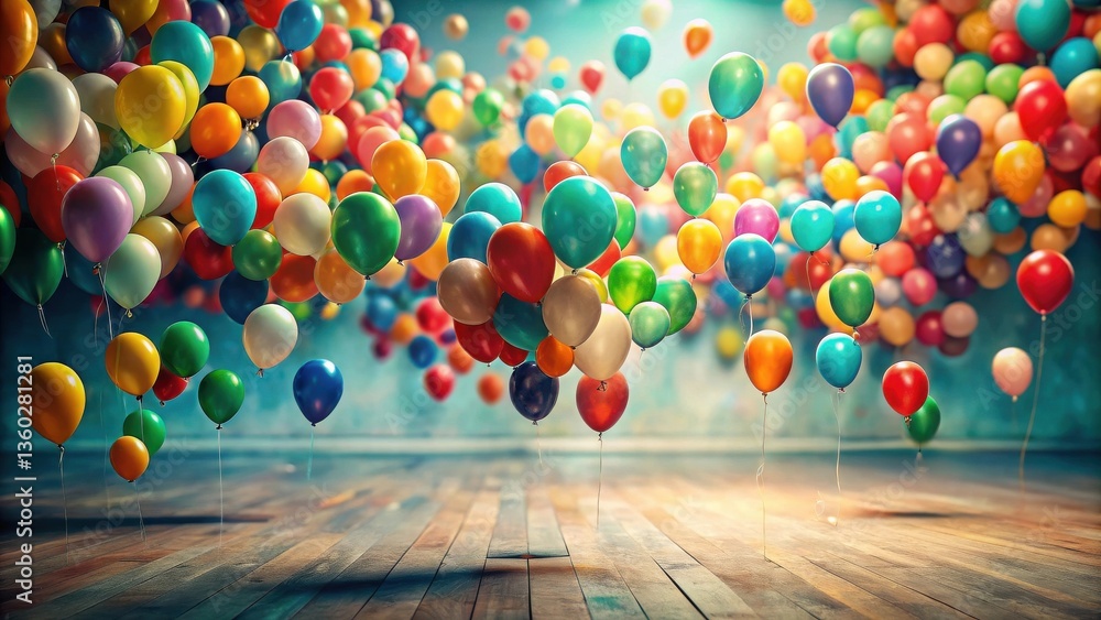Poster a profusion of colorful balloons floats gently above a rustic wooden floor, creating a whimsical and