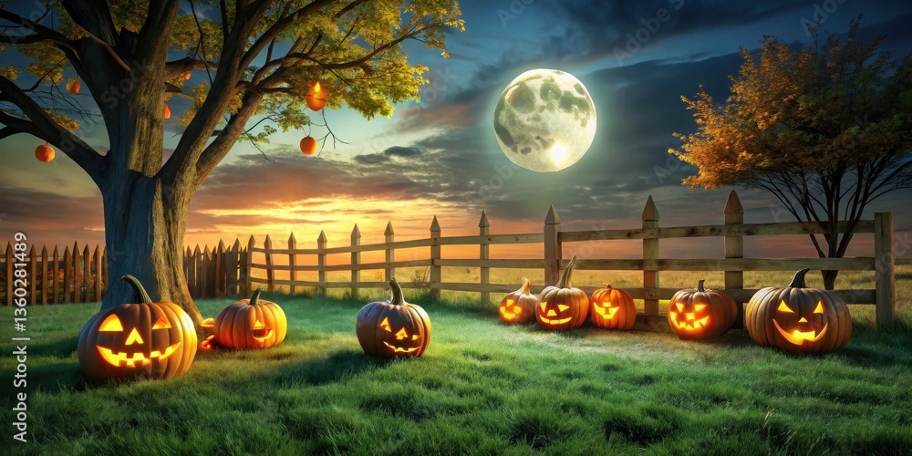 Poster Enchanted autumn evening scene with illuminated jack-o'-lanterns beside a rustic fence and a large tree