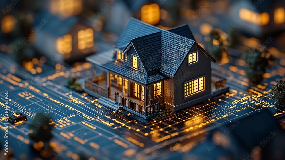 Poster miniature house model with glowing windows on a circuit board in a blurred neighborhood setting at n