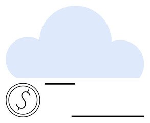 Cloud graphic with coin symbol, horizontal lines suggesting digital flow. Ideal for technology, fintech, cloud computing, data storage, online banking, digital security economy. Flat simple metaphor