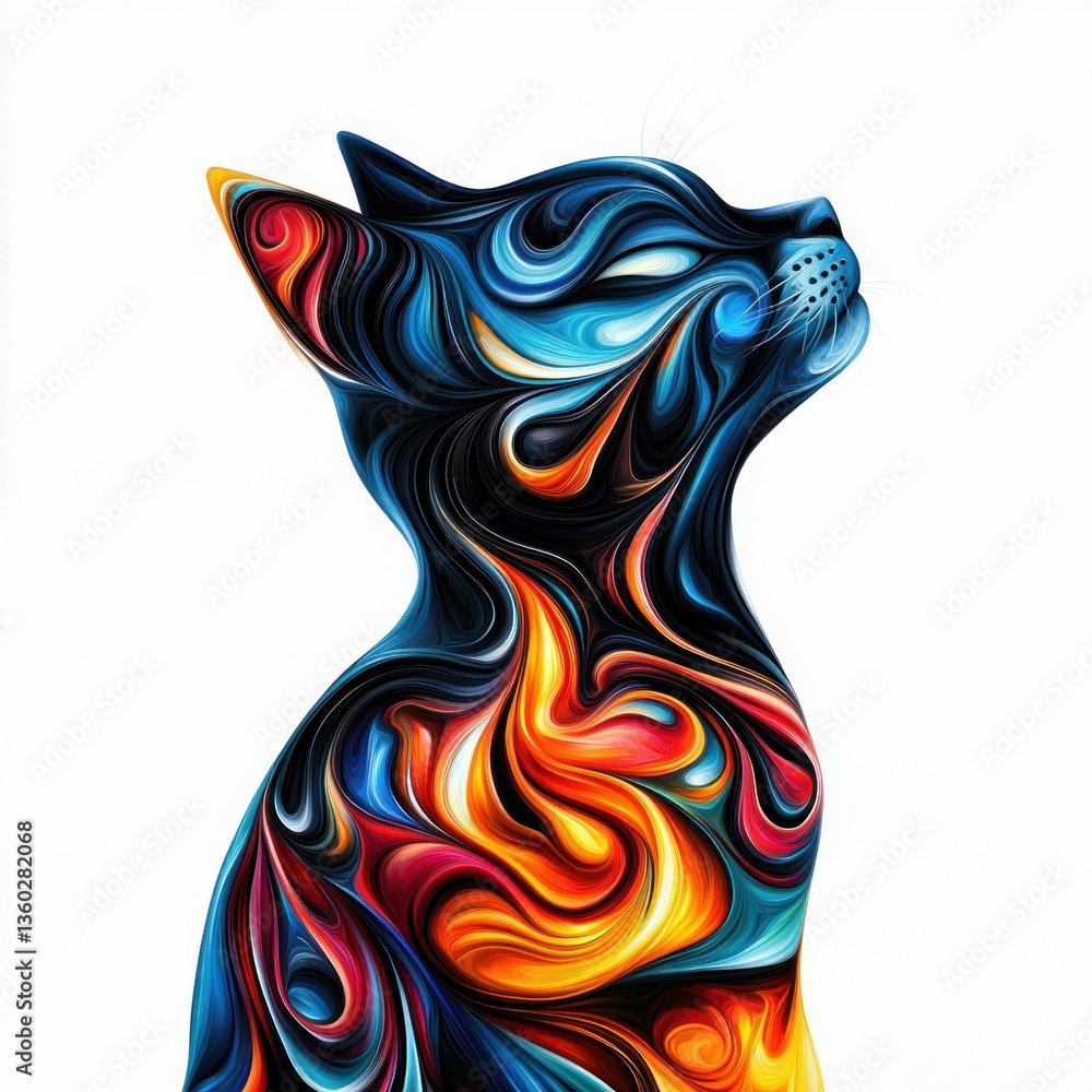 Poster vibrant swirls of color create an abstract painting of a cat looking upward with its elegant lines.