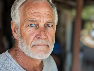 Close-up of the face of a middle-aged man with a white beard and hair and blue eyes.