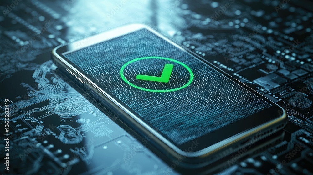 Poster a modern smartphone screen displaying a secure mobile payment confirmation with a bold green checkma