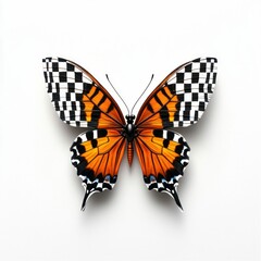 Fototapeta premium Striking butterfly with checkered wings and vivid orange stripes displays a unique and captivating design.