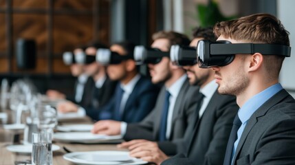 Group of young caucasian men in suits experiencing virtual reality with headsets in conference room