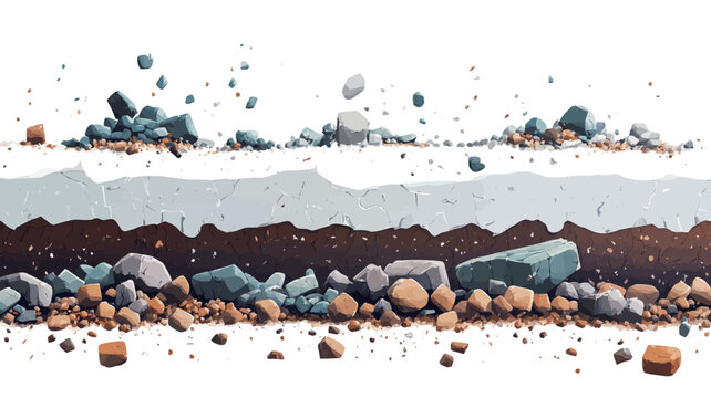 A digital illustration depicting a cross-section of soil layers. The image shows distinct layers: a top layer with small rocks and pebbles falling onto a lighter grey sublayer, which sits above a