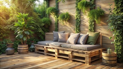 Obraz premium Serene outdoor patio with pallet furniture, lush greenery, and natural sunlight creating a tranquil and inviting atmosphere.