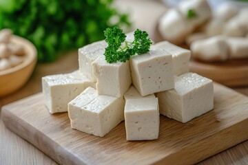 Freshly cut tofu cubes presented on a wooden cutting board display