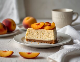 Cheesecake with peach on white background and white tablecloth