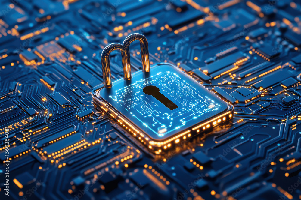 Poster cybersecurity concept padlock on a circuit board representing data protection and digital security