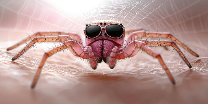 Funny Spider Wearing Sunglasses Cool Summer Fashion Macro Insect Closeup Arachnid Web Background