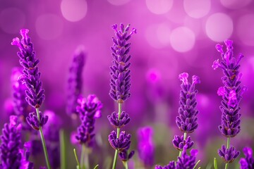 Obraz premium A field of vibrant lavender flowers glowing in a purple ambiance.
