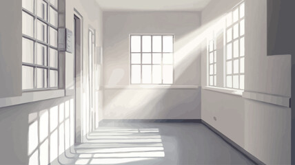 The image depicts a long, narrow interior corridor with multiple evenly spaced windows along both walls.  Sunlight streams in from the windows, casting strong diagonal shadows across the floor. The