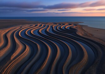 Naklejka premium Coastal Salt Pans Sunset Aerial View Serene Landscape