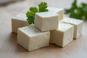 Cubed tofu blocks arranged with fresh green leafy garnish