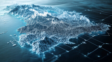 A 3D-rendered concept map of New Zealand, designed for technology, export, and smart city applications
