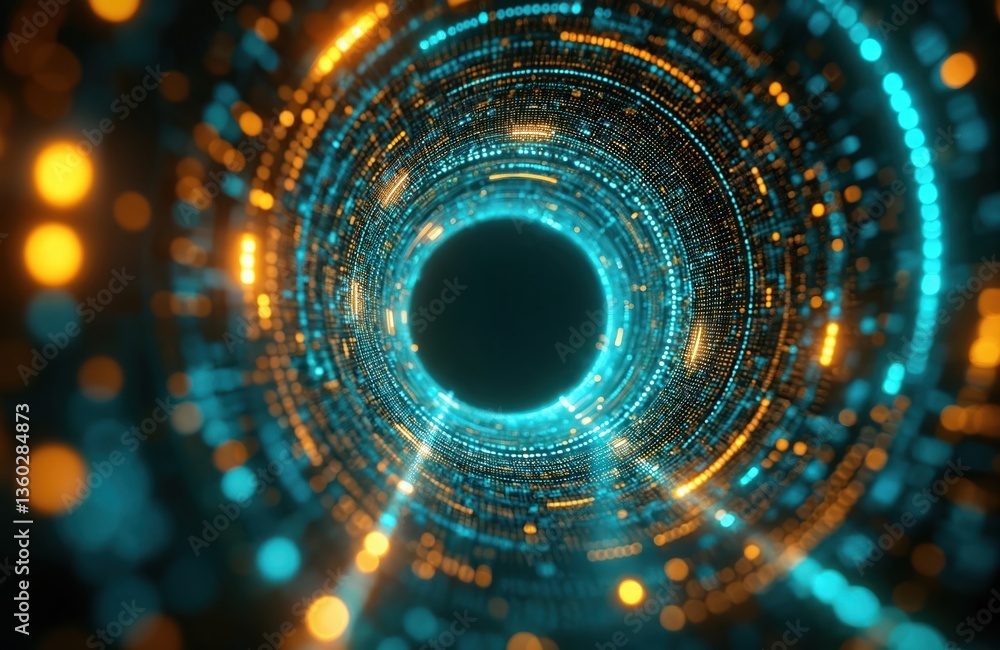 Poster abstract digital tunnel with golden lights. futuristic tech background with code and bright data flo