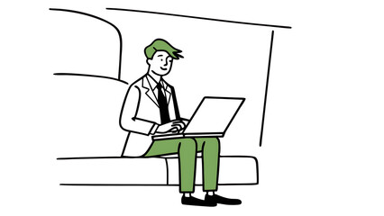 A focused young professional works diligently on his laptop during a quiet moment, showcasing a calm and productive atmosphere with simple line art.