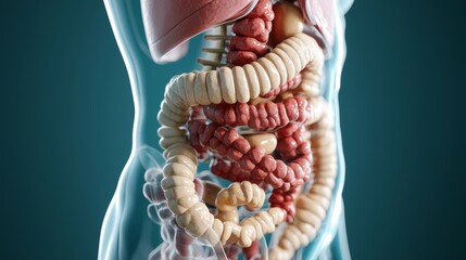 A scientific 3D rendering of the human body's internal organs, focusing on the intestines with an emphasis on a diseased area in the lower abdomen.