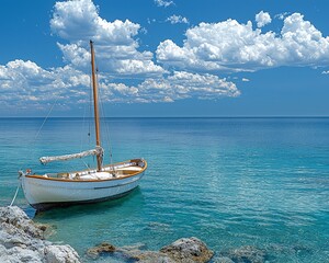 Coastal sailboat anchored in turquoise water