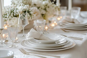 Fototapeta premium An elegant dining table adorned with white flowers and fine china creates a luxurious dining experience.