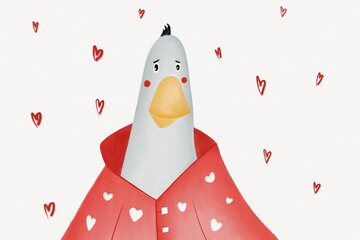 Paper drawing of a pigeon with hearts on a white background.