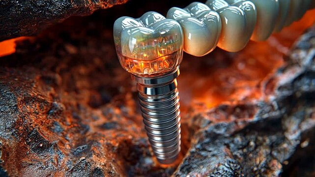 Dental implant in jawbone with fiery background. Possible use Stock photo for medical or dental education