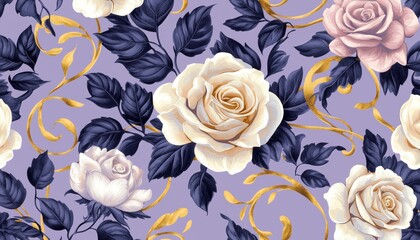 Traditional ornamental floral pattern with soft pastel roses, golden swirls, and deep indigo foliage over a velvety mauve background.