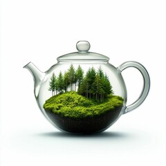 A tiny forest contained in a teapot, symbolizing environmental conservation and the beauty of nature.