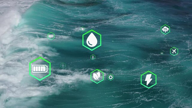 Digital Globe Concept Ecological Green Energy Icons Earth Spinning On Real ocean background. 4K.
