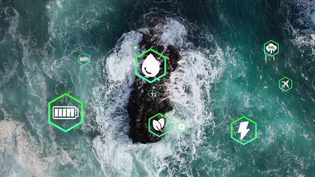 Digital Globe Concept Ecological Green Energy Icons Earth Spinning On Real ocean background. 4K.