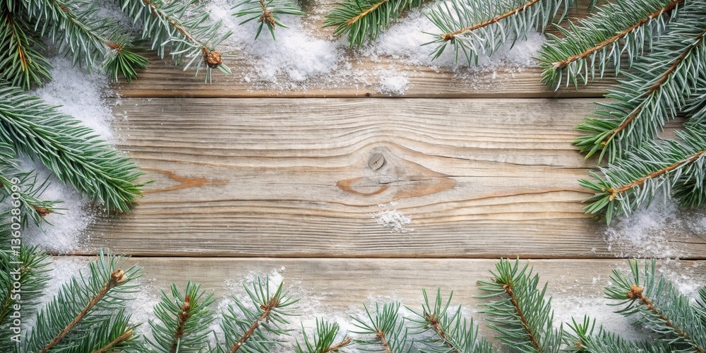 Poster rustic wooden background with frosty pine branches and snow