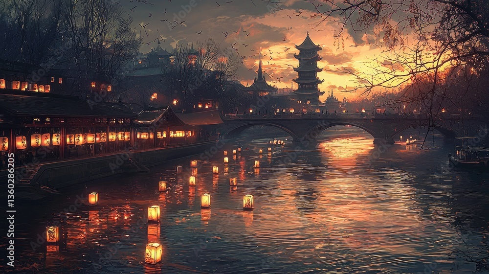 Poster a peaceful twilight scene of delicate lanterns floating on a river, creating a mesmerizing glow.