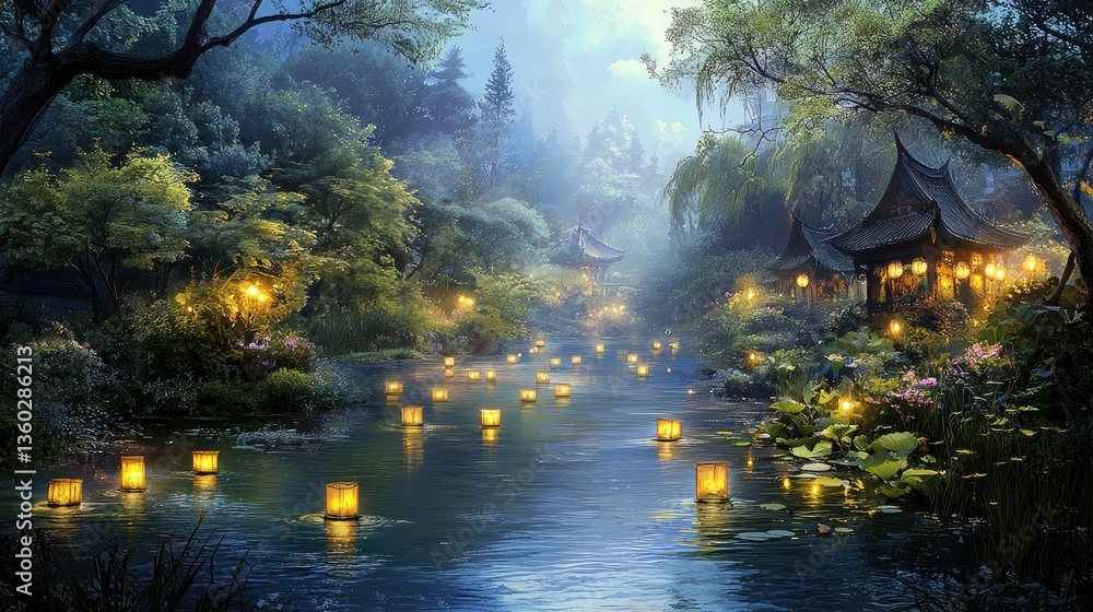 Poster a peaceful twilight scene of delicate lanterns floating on a river, creating a mesmerizing glow.