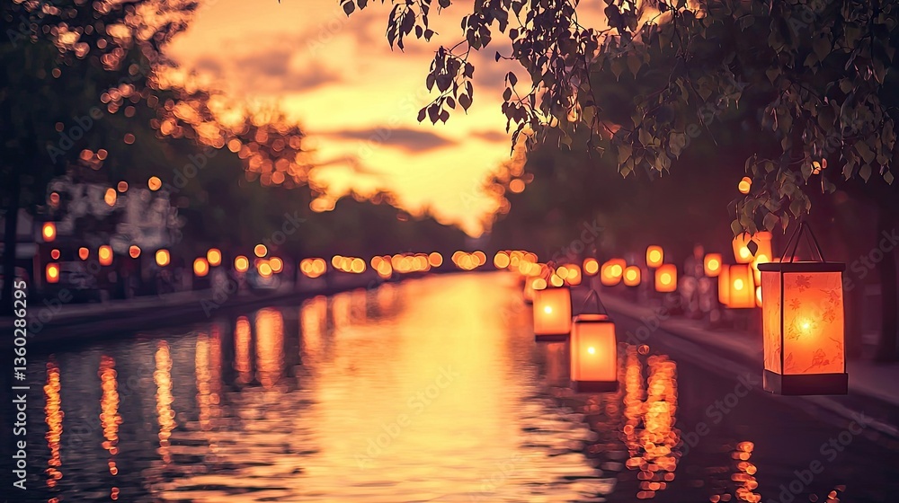 Poster a peaceful twilight scene of delicate lanterns floating on a river, creating a mesmerizing glow.
