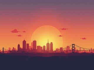 Fototapeta premium Stunning urban sunset with city silhouette and reflection