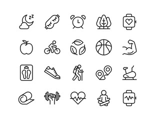 Healthy Lifestyle Vector Icon Set | Adjustable Line Weight | Fitness, nutrition, exercise, wellness, sleep, yoga, meditation, heart rate, gym, hiking, cycling, sports, health monitoring icons