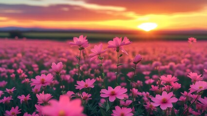 Obraz premium A sunset casts a golden hue over a field of pink flowers, creating a beautiful and peaceful scene