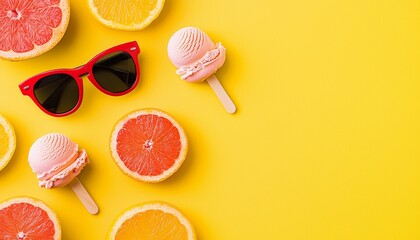 Colorful summer design with juicy citrus fruits, ice cream, and chic sunglasses on a lively yellow background, evoking a beachy vibe.