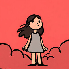 A girl with windswept hair stands serenely on rosy clouds, a whimsical daydream in bold, simple lines and a warm coral backdrop.